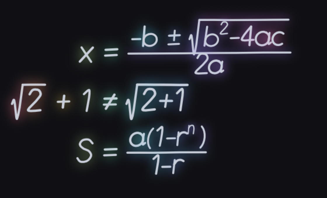 Handwritten mathematics drawn by Pixie: the quadratic formula with a square root inside a fraction, and two square roots showing different grouping.